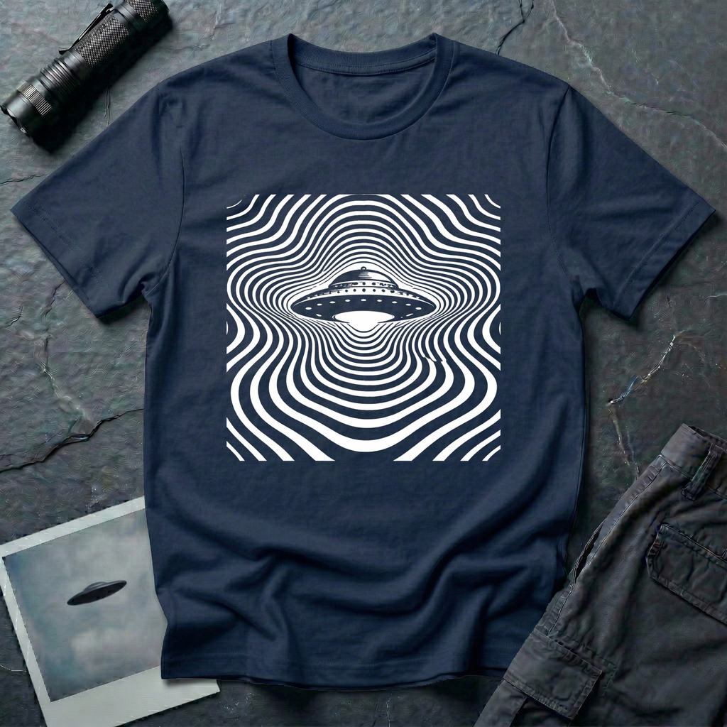 ypnotic op art UFO t-shirt — classic flying saucer at centre of rippling concentric wave-lines distorting around the craft in white on navy cotton tee