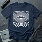ypnotic op art UFO t-shirt — classic flying saucer at centre of rippling concentric wave-lines distorting around the craft in white on navy cotton tee