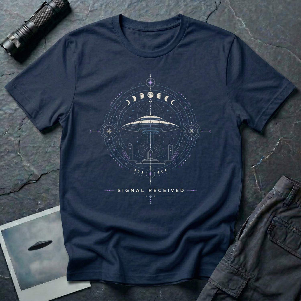 Navy Blue t-shirt with circular occult observatory design featuring a saucer above a stepped pyramid flanked by compass star and all-seeing eye with full lunar phase sequence and SIGNAL RECEIVED caption