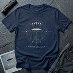 Navy Blue t-shirt with circular occult observatory design featuring a saucer above a stepped pyramid flanked by compass star and all-seeing eye with full lunar phase sequence and SIGNAL RECEIVED caption