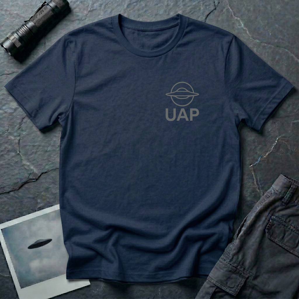 UAP logo t-shirt — small minimalist saucer icon and UAP letters in grey on the upper left chest of navy blue cotton tee