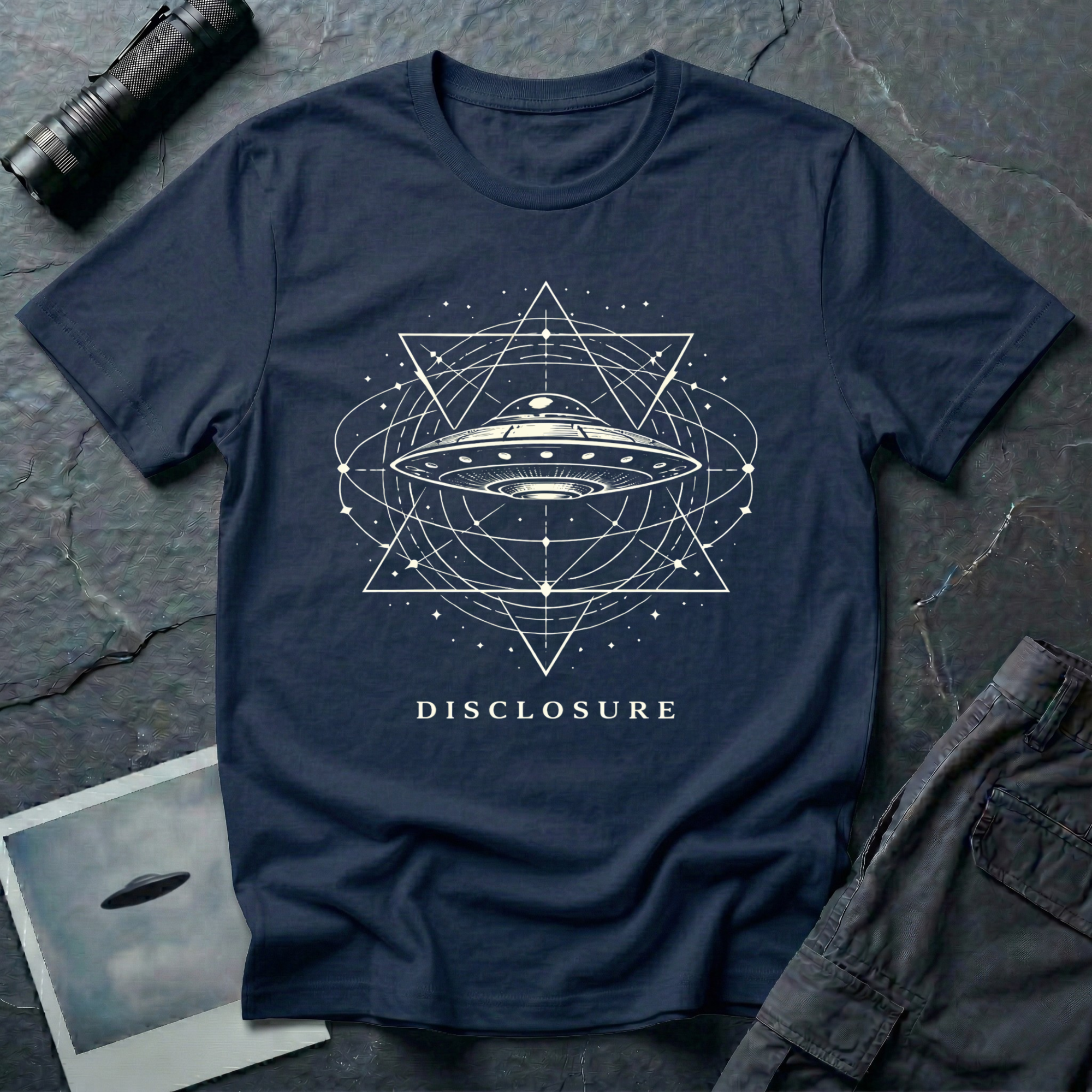 Disclosure UFO t-shirt — classic flying saucer with sacred geometry design on navy unisex cotton tee