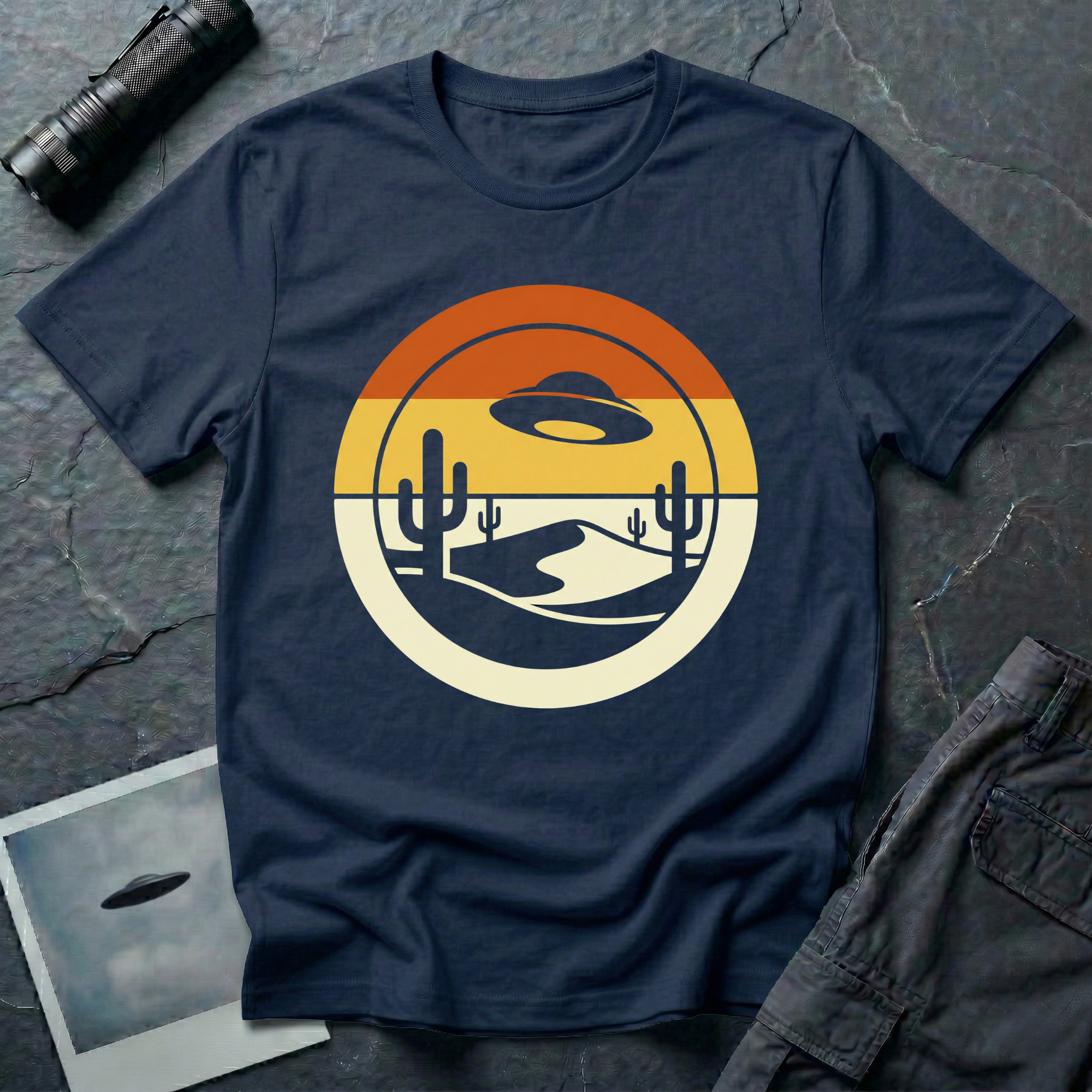 Desert Sun sunset UFO t-shirt — classic flying saucer silhouette over layered retro sunset sky with burnt orange and warm yellow bands, two saguaro cacti and a cream desert dune in a clean circular graphic composition on navy cotton tee