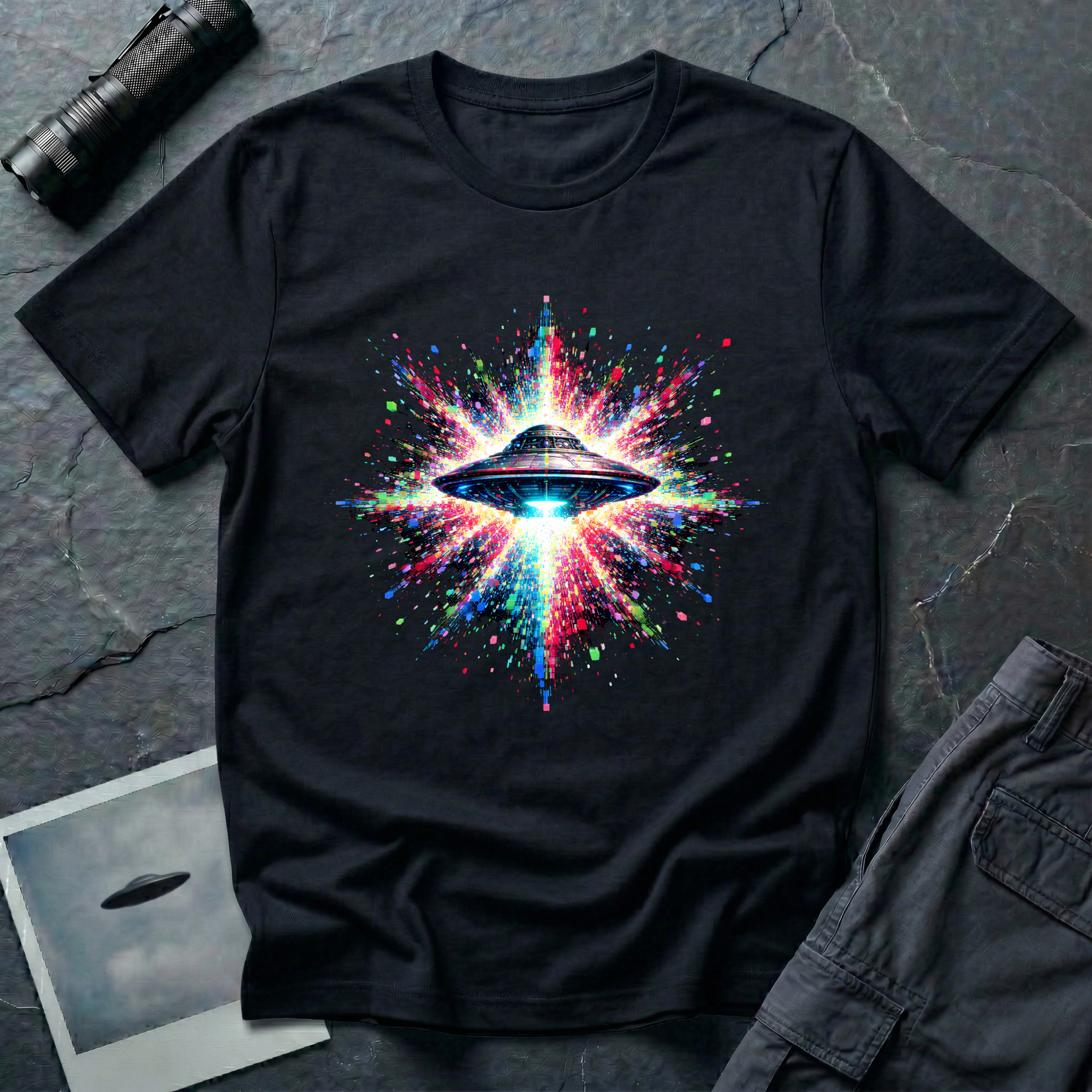 Starburst UFO pixel art t-shirt — flying saucer at the centre of a vivid RGB pixel explosion on black cotton tee