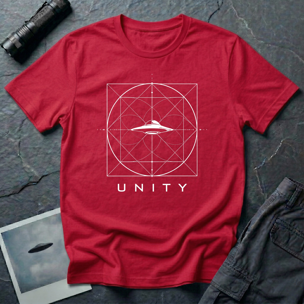 Unity sacred geometry UAP t-shirt — squared circle geometric diagram with flying saucer at centre on red unisex cotton tee