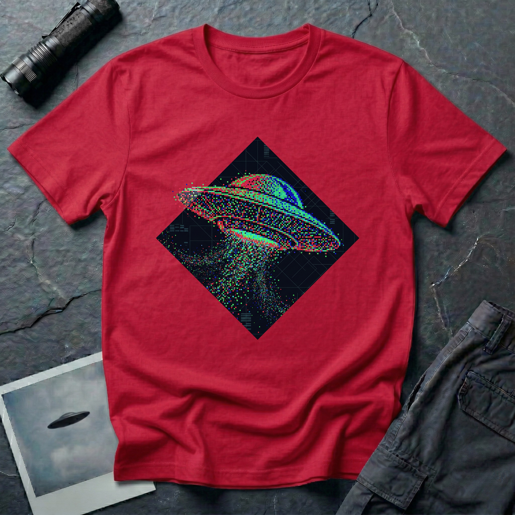 Glitch UFO t-shirt — flying saucer rendered in RGB pixel dots disintegrating inside a dark diamond frame on red cotton tee