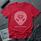 Enter The Labyrinth esoteric alien t-shirt — grey alien head filled with maze pattern and a flying saucer at the third eye in cream line-work on red cotton tee