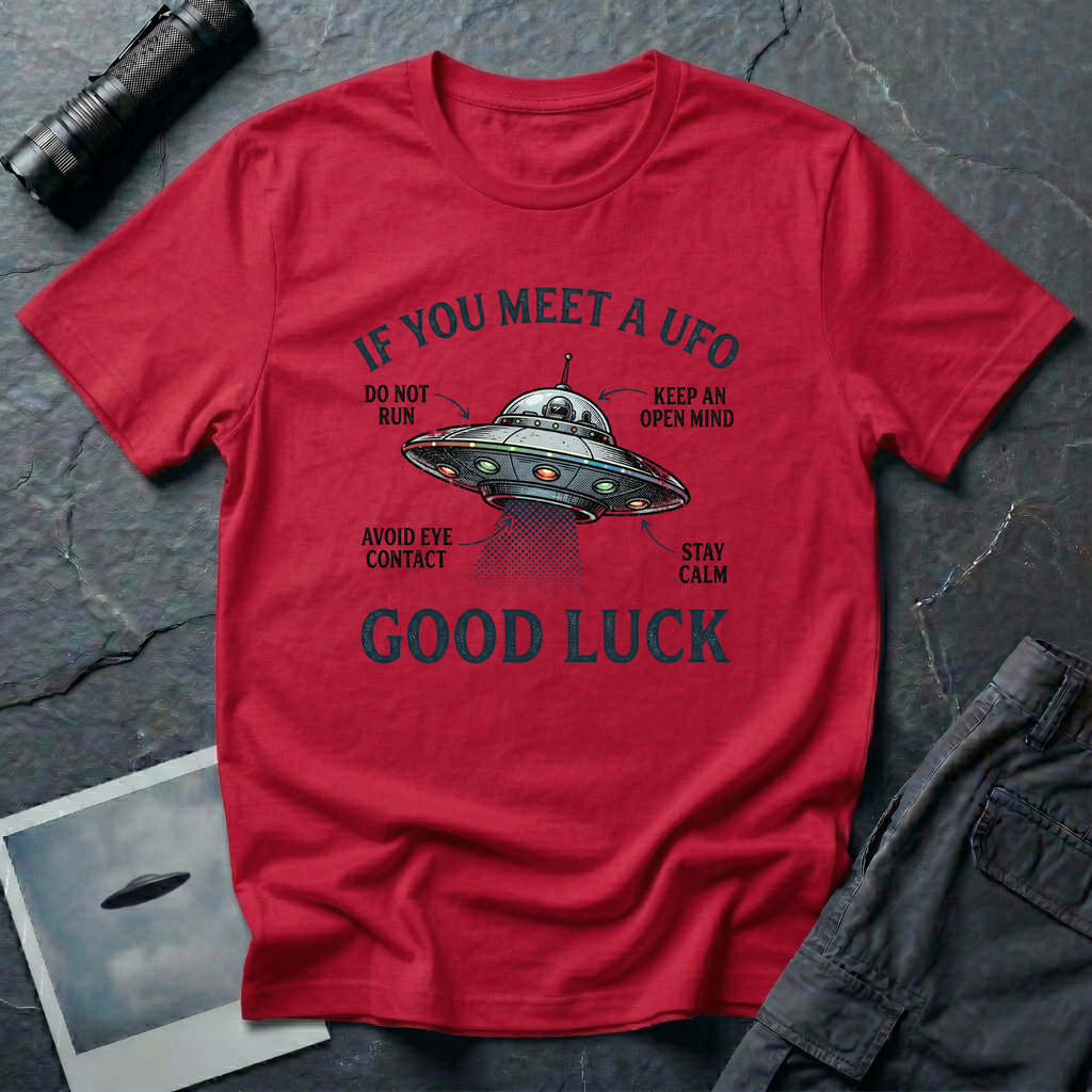 If You Meet A UFO funny UFO t-shirt — flying saucer with deadpan safety instructions on red unisex cotton tee