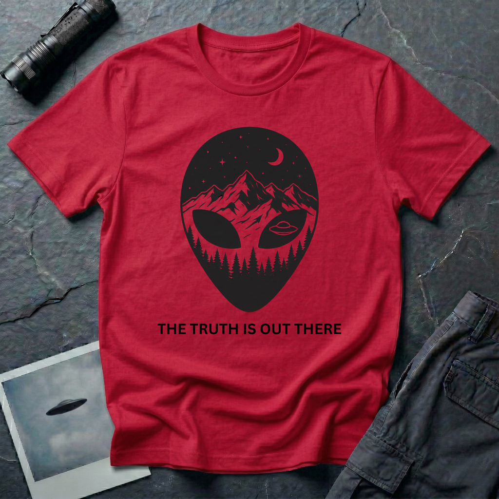 The Truth Is Out There alien head t-shirt — alien silhouette filled with mountains, pine forest and flying saucer on red cotton tee