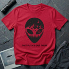 The Truth Is Out There alien head t-shirt — alien silhouette filled with mountains, pine forest and flying saucer on red cotton tee