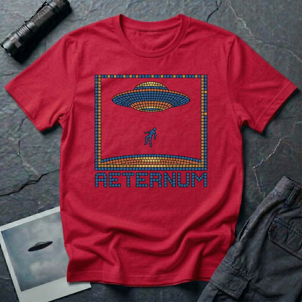 Aeternum Roman mosaic UFO t-shirt — flying saucer and abduction scene in blue and terracotta tile mosaic style on red cotton tee