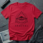 Arrival modern UAP t-shirt — minimalist flying saucer inside circle and triangle geometry on red unisex cotton tee