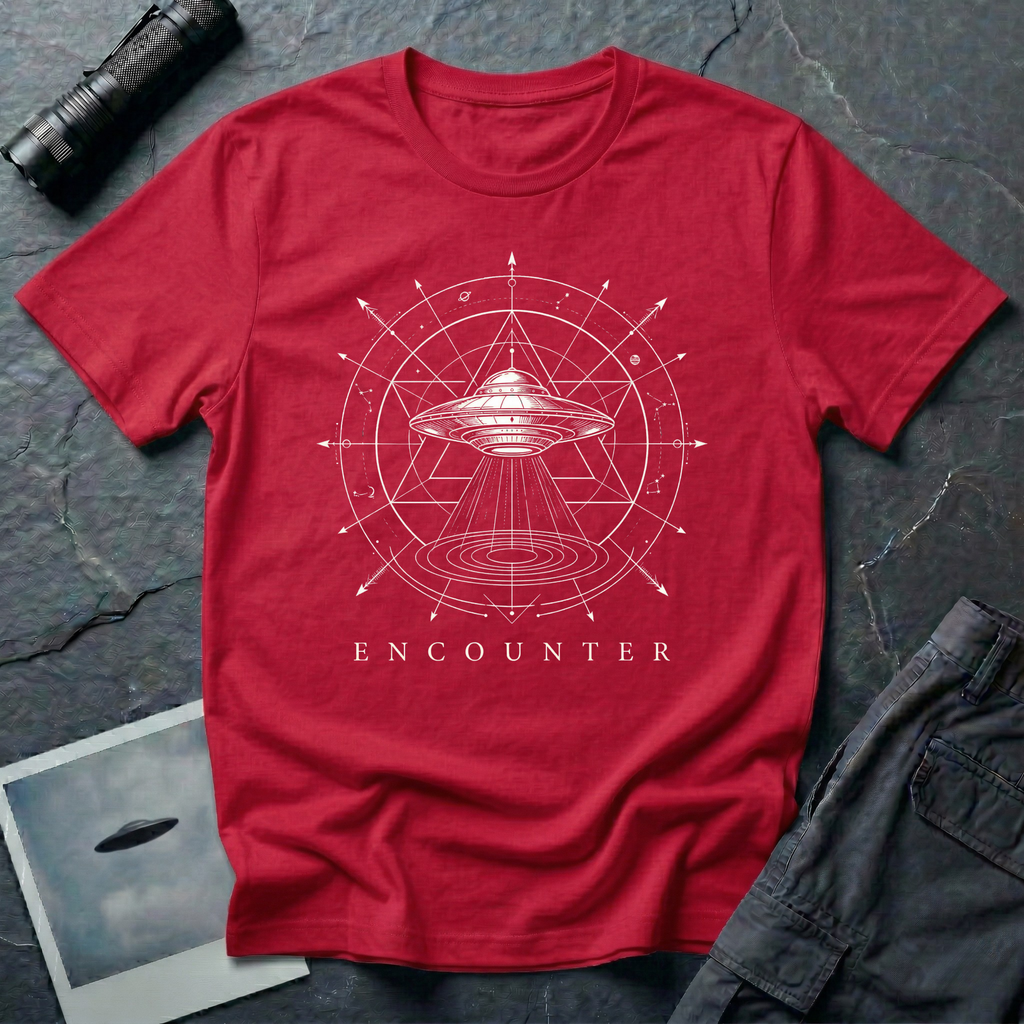 Encounter zodiac UFO t-shirt — flying saucer inside zodiac star chart and cosmological diagram in white on red cotton tee