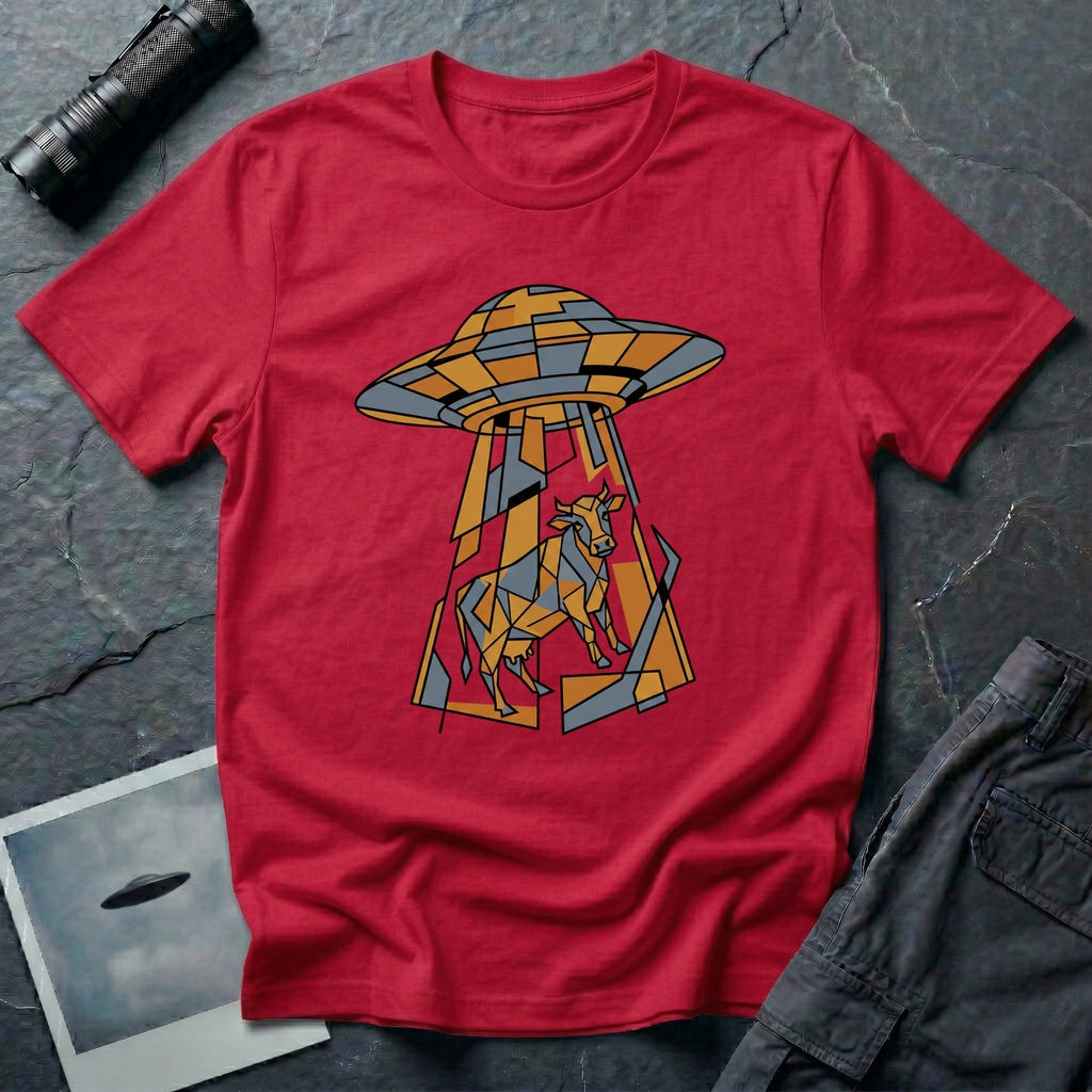 Cubist Cow geometric cow abduction t-shirt — flying saucer and suspended cow rendered in angular faceted planes of orange, grey, and white triangular geometric fragments on red cotton tee