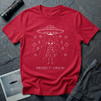 Project Orion experiencer UFO t-shirt — humanoid figure drawn as constellation with flying saucer above and esoteric sigils in white linework on red cotton tee