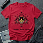 Expand Your Radar all seeing eye UFO t-shirt — sacred geometry frame around an eye containing a desert UFO encounter in gold and black linework on red cotton tee