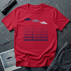 Red t-shirt with three UFO saucer silhouettes in navy to grey gradient above the word extradimensional repeated six times in stacked bold type fading from grey to navy