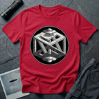 Escher UFO impossible geometry t-shirt — wood-engraved impossible cube with paradoxical staircases and two mirrored flying saucers inside a circular black medallion on red cotton tee