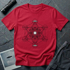 Metatron UFO sacred geometry t-shirt — Metatron's Cube diagram with flying saucers at the eight outer node points and a radiant central disc on red cotton tee