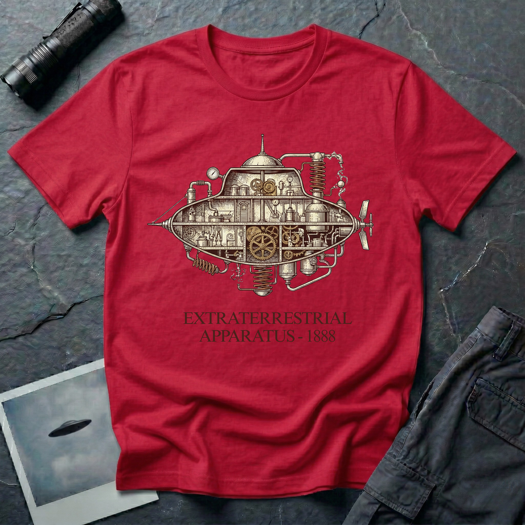 Extraterrestrial Apparatus steampunk UFO t-shirt — Victorian-era airship with exposed brass machinery gears and copper piping with "Extraterrestrial Apparatus 1888" caption on red cotton tee