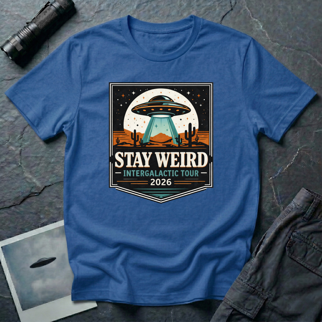 Stay Weird desert UFO t-shirt — tour-poster badge with flying saucer over desert landscape and cacti on blue cotton tee