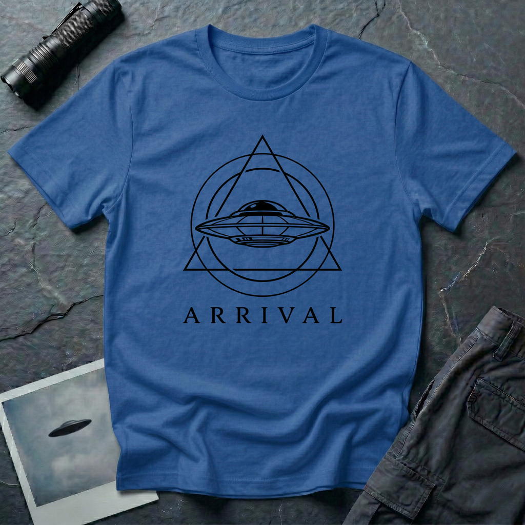 Arrival modern UAP t-shirt — minimalist flying saucer inside circle and triangle geometry on blue unisex cotton tee