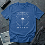 Unity sacred geometry UAP t-shirt — squared circle geometric diagram with flying saucer at centre on blue unisex cotton tee