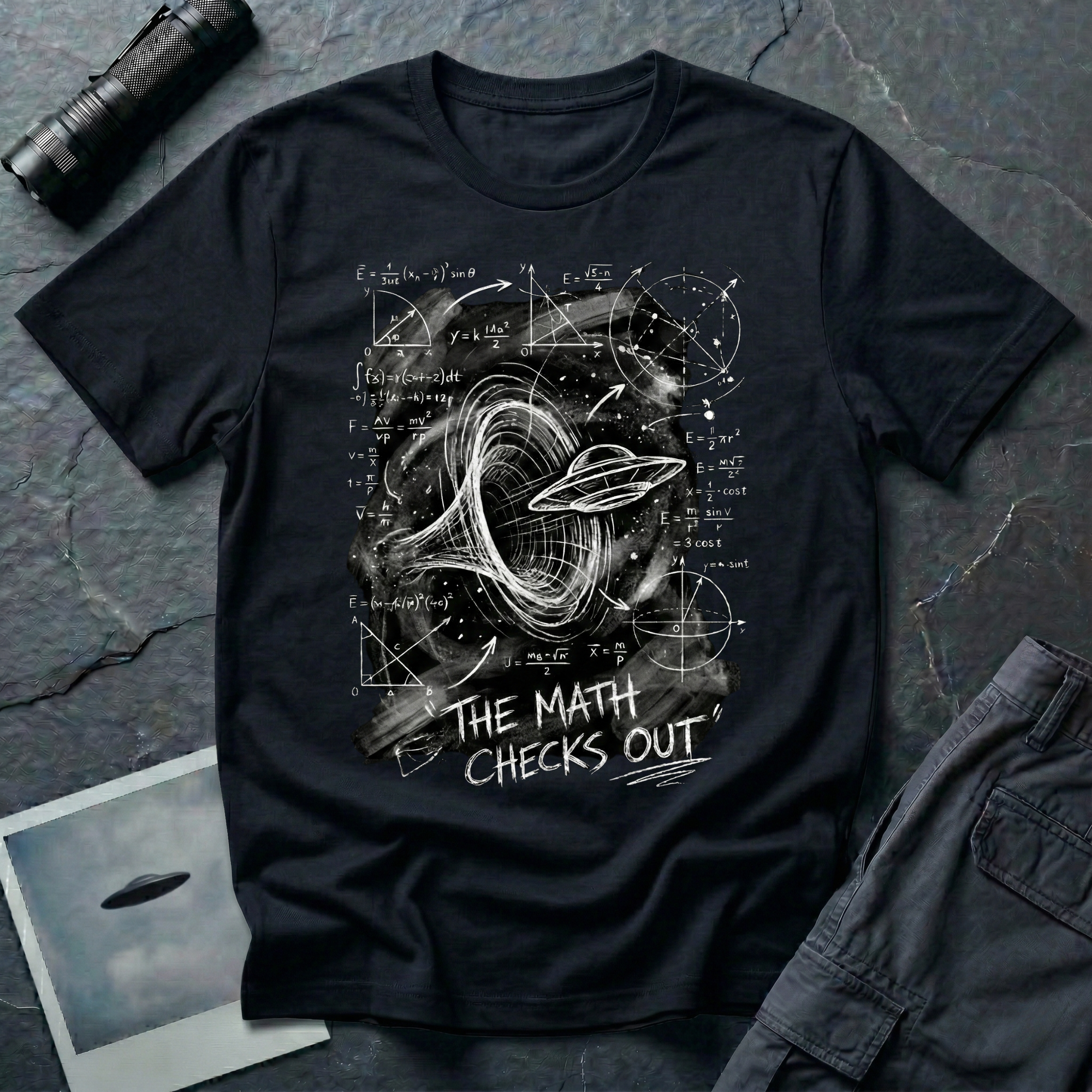 The Math Checks Out science UFO t-shirt — flying saucer through a chalk-drawn wormhole with scientific equations in white chalk on black cotton tee