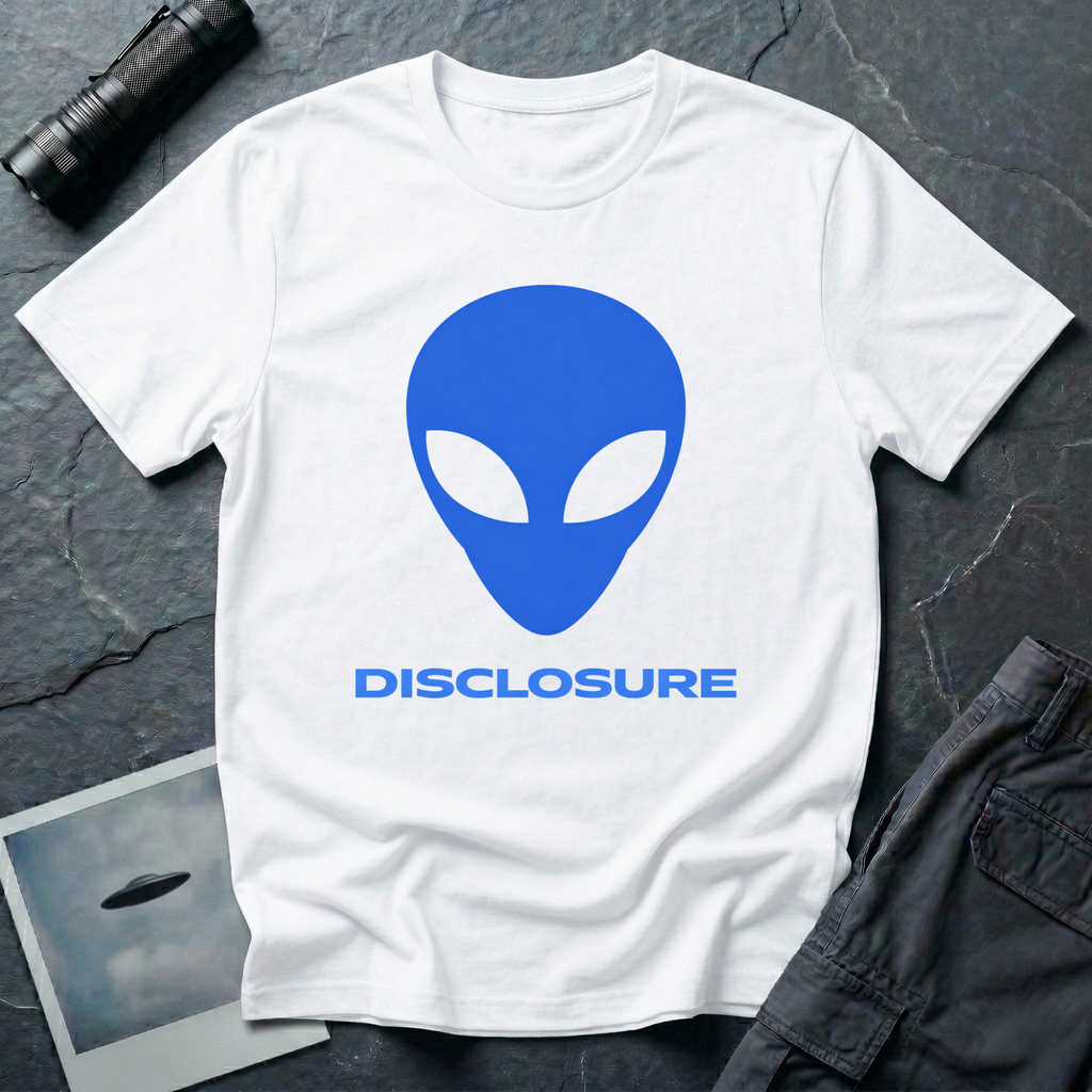 Alien Disclosure grey alien t-shirt — classic bulbous-head alien with almond eyes in electric blue on white unisex cotton tee
