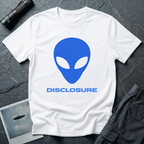 Alien Disclosure grey alien t-shirt — classic bulbous-head alien with almond eyes in electric blue on white unisex cotton tee
