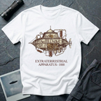 Extraterrestrial Apparatus steampunk UFO t-shirt — Victorian-era airship with exposed brass machinery gears and copper piping with "Extraterrestrial Apparatus 1888" caption on white cotton tee