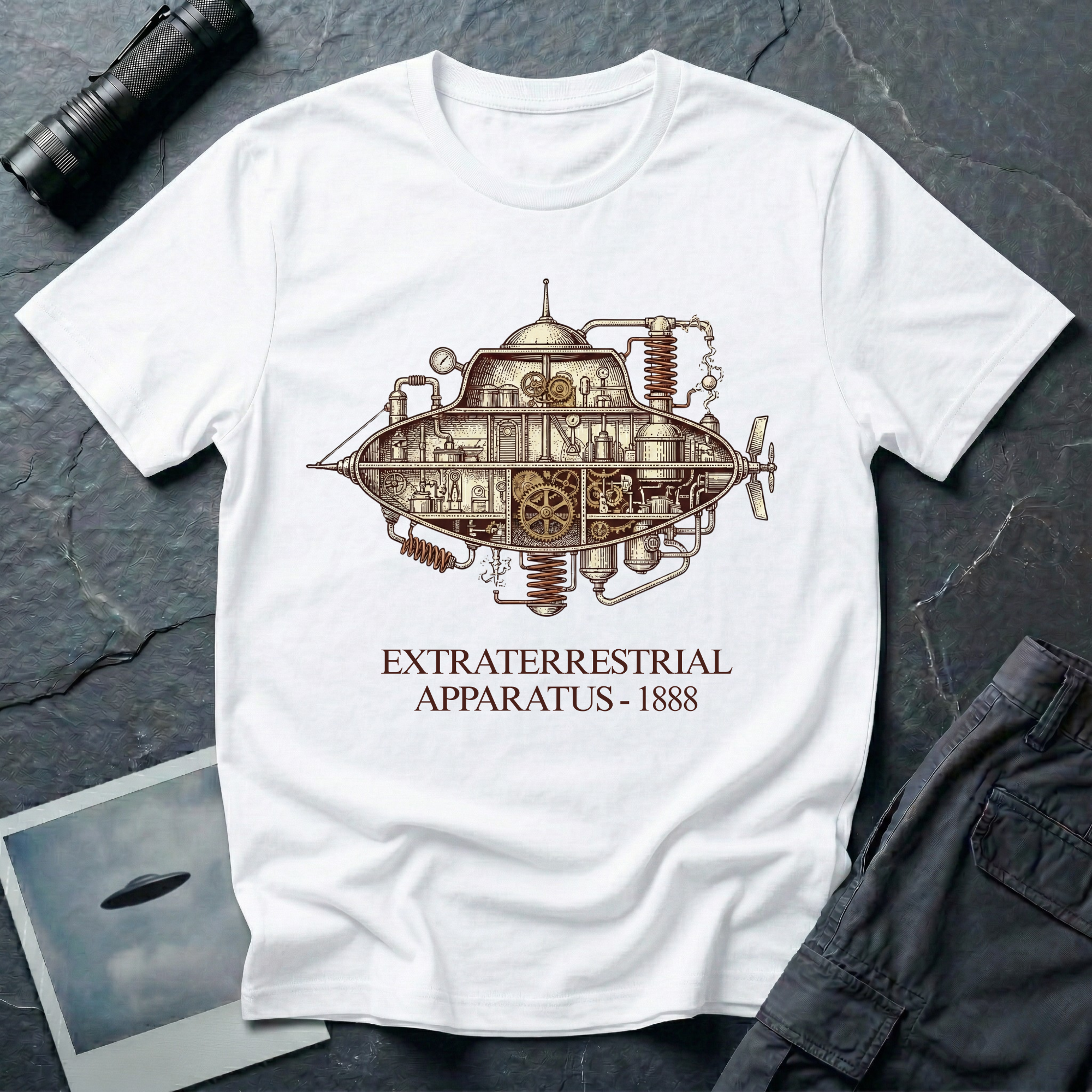 Extraterrestrial Apparatus steampunk UFO t-shirt — Victorian-era airship with exposed brass machinery gears and copper piping with "Extraterrestrial Apparatus 1888" caption on white cotton tee
