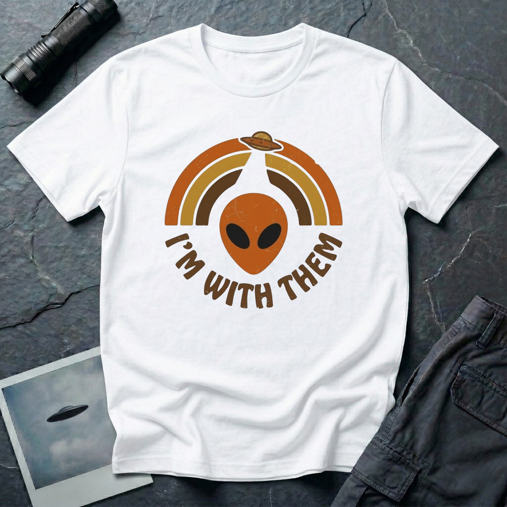 I'm With Them funny alien t-shirt — alien face with 70s sunburst arcs and ringed planet on white unisex cotton tee