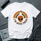 I'm With Them funny alien t-shirt — alien face with 70s sunburst arcs and ringed planet on white unisex cotton tee