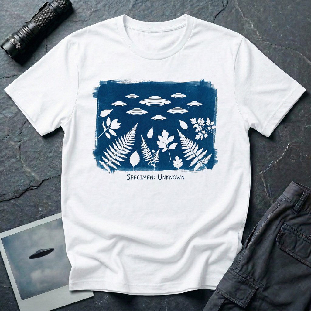 Specimen Unknown cyanotype UFO t-shirt — Anna Atkins-style cyanotype with ferns, leaves and flying saucer squadron in white on Prussian blue on white cotton tee