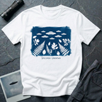 Specimen Unknown cyanotype UFO t-shirt — Anna Atkins-style cyanotype with ferns, leaves and flying saucer squadron in white on Prussian blue on white cotton tee