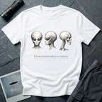 Extraterrestrialis Sapiens ancient aliens t-shirt — three heads in 19th-century anatomical study style with grey alien front and profile views and human skull on white cotton tee