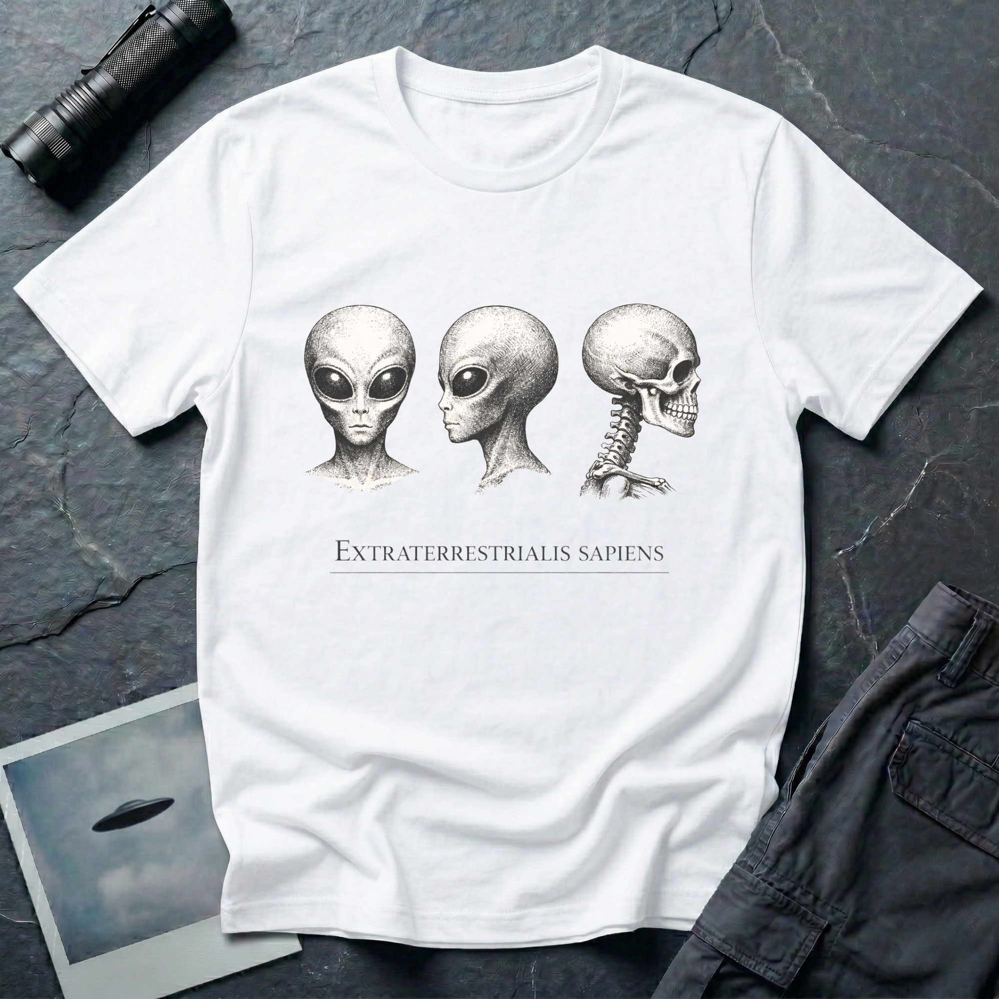 Extraterrestrialis Sapiens ancient aliens t-shirt — three heads in 19th-century anatomical study style with grey alien front and profile views and human skull on white cotton tee