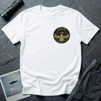 Area 51 Employee Of The Month UFO t-shirt — vintage circular badge with classic flying saucer, "Area 51" and "Classified Division" arc text, "Employee of the Month" ribbon banner in olive and black on upper-left chest of white cotton tee