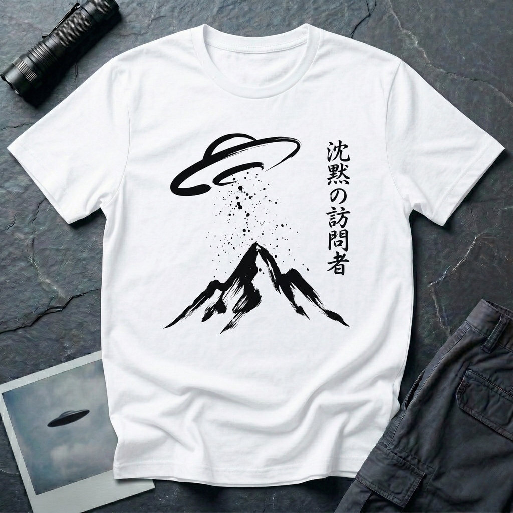 The Silent Visitor sumi-e UFO t-shirt — brush-painted flying saucer over mountain peak with Japanese "silent visitor" calligraphy on white cotton tee