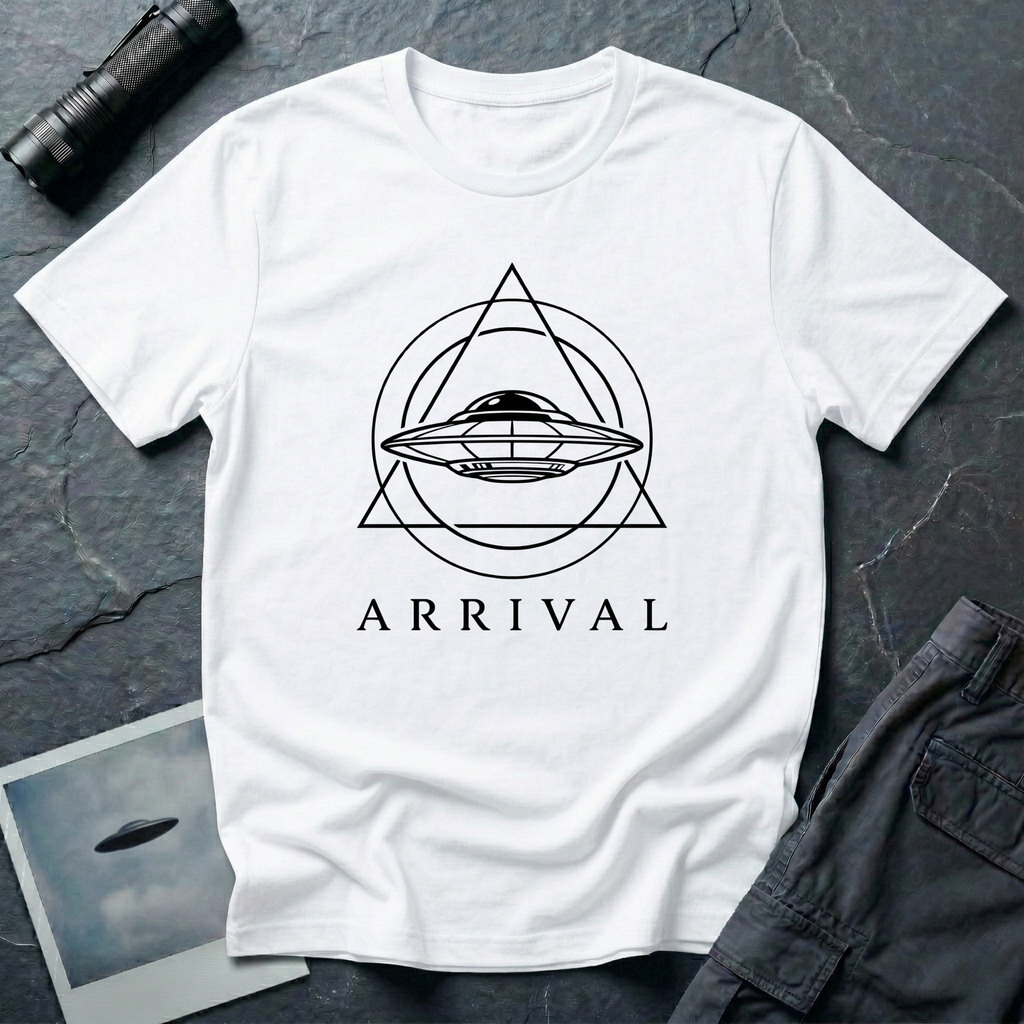Arrival modern UAP t-shirt — minimalist flying saucer inside circle and triangle geometry on white unisex cotton tee