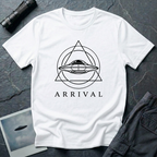 Arrival modern UAP t-shirt — minimalist flying saucer inside circle and triangle geometry on white unisex cotton tee