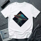Glitch UFO t-shirt — flying saucer rendered in RGB pixel dots disintegrating inside a dark diamond frame on white cotton tee