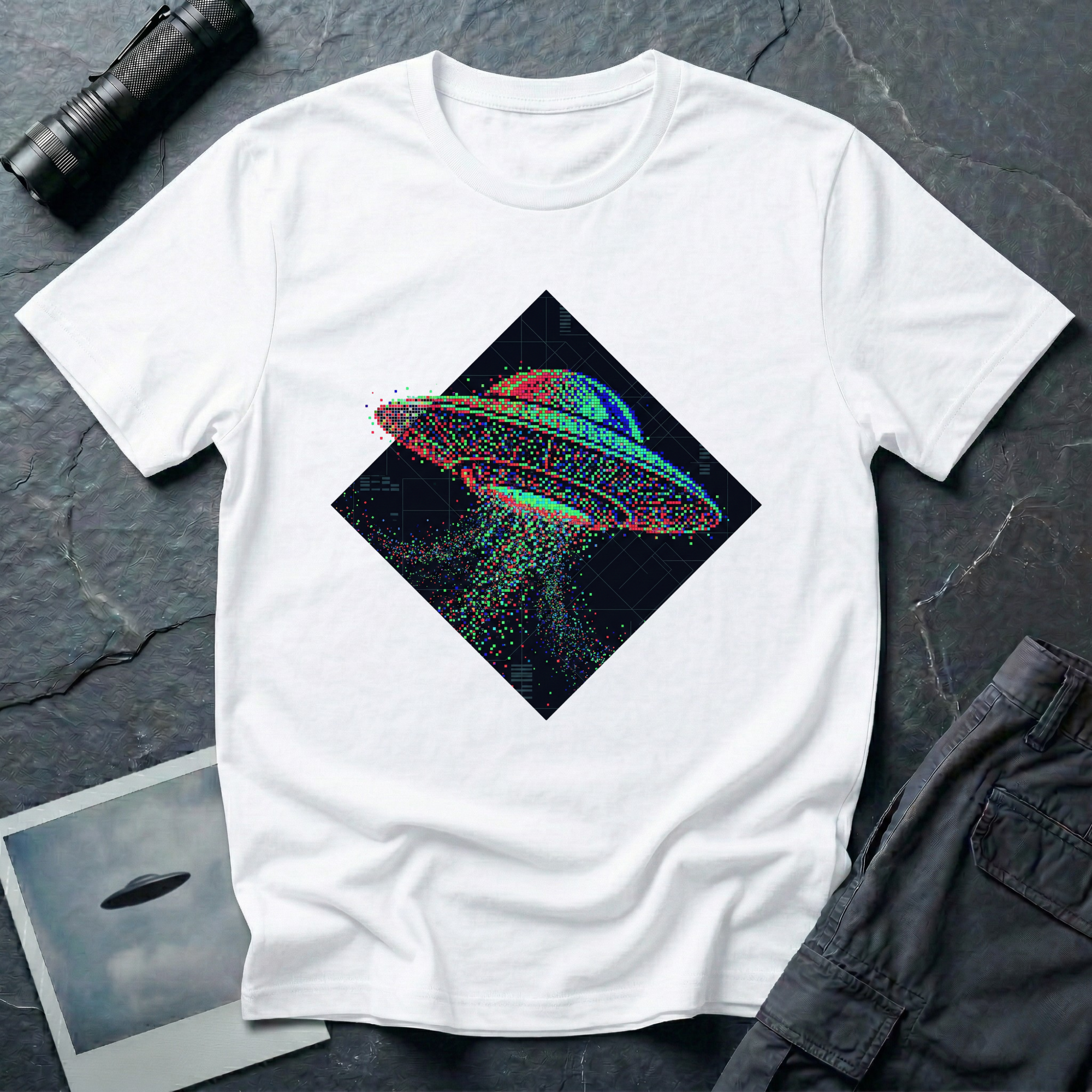 Glitch UFO t-shirt — flying saucer rendered in RGB pixel dots disintegrating inside a dark diamond frame on white cotton tee