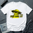 Error: Signal Lost hazard UFO t-shirt — classic flying saucer in hazard yellow and black with horizontal glitch bars and "ERROR: SIGNAL LOST" caption on white cotton tee