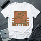 Aztec alien t-shirt — ancient astronaut figure with grey alien head in Mesoamerican feathered dress on stepped pyramid. Weathered stone relief on white cotton tee.