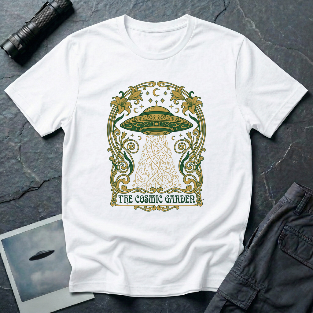 The Cosmic Garden Art Nouveau UFO t-shirt — ornate Mucha-style frame with flying saucer and botanical beam in green and gold on white cotton tee