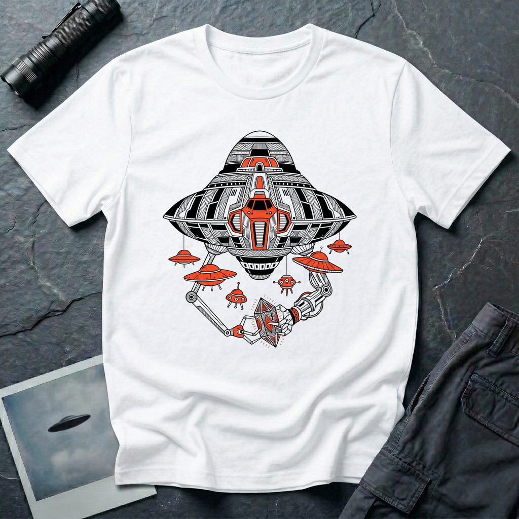 White t-shirt with a black and orange mechanical UFO design featuring robotic arms holding an octahedral artefact and smaller saucer drones.