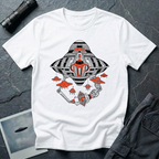 White t-shirt with a black and orange mechanical UFO design featuring robotic arms holding an octahedral artefact and smaller saucer drones.
