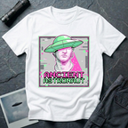 Ancient Astronaut vaporwave UFO t-shirt — classical Greek Roman marble bust statue in pink and purple with bright green flying saucer on head, digital glitch effects, gray distortion bars, and pixelated "ANCIENT ASTRONAUT" text in magenta and green on white cotton tee